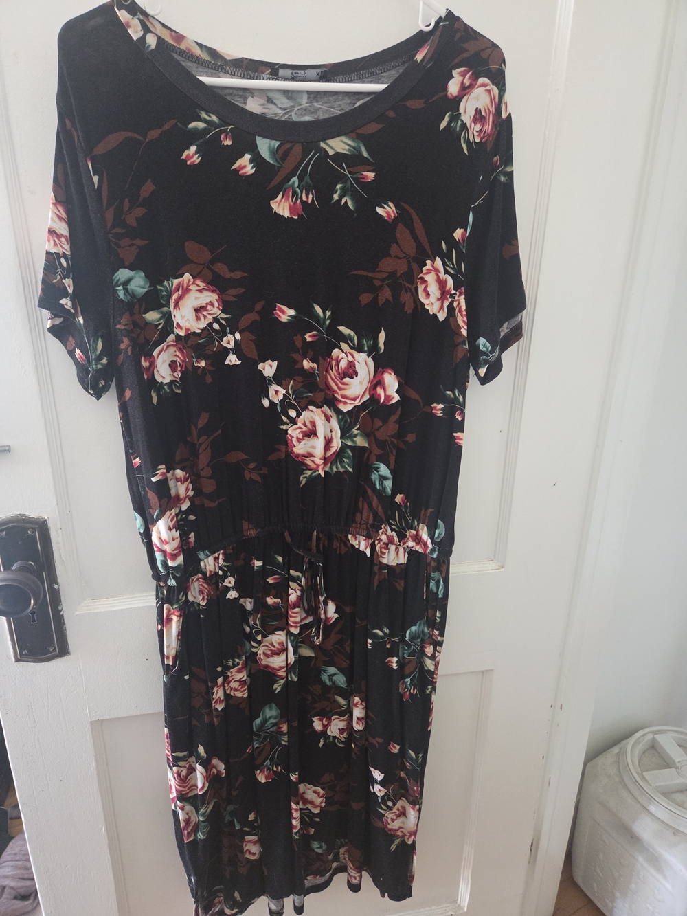 Floral Black Midi Dress with Pink Roses